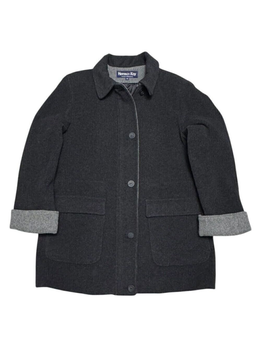 HERMAN KAY WOOL Luxury Designer Grey Winter Business Casual Coat Womens Medium